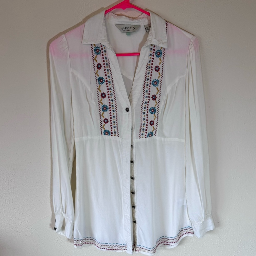 ROPER WOMEN'S WHITE POLY EMBROIDERED WESTERN SNAP SHIRT XS